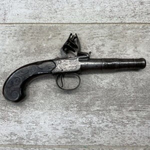 QUEEN ANNE FLINTLOCK PISTOL W/ CANNON BARREL & SILVER WIRE INLAY, ANTIQUE #5-05935-AG