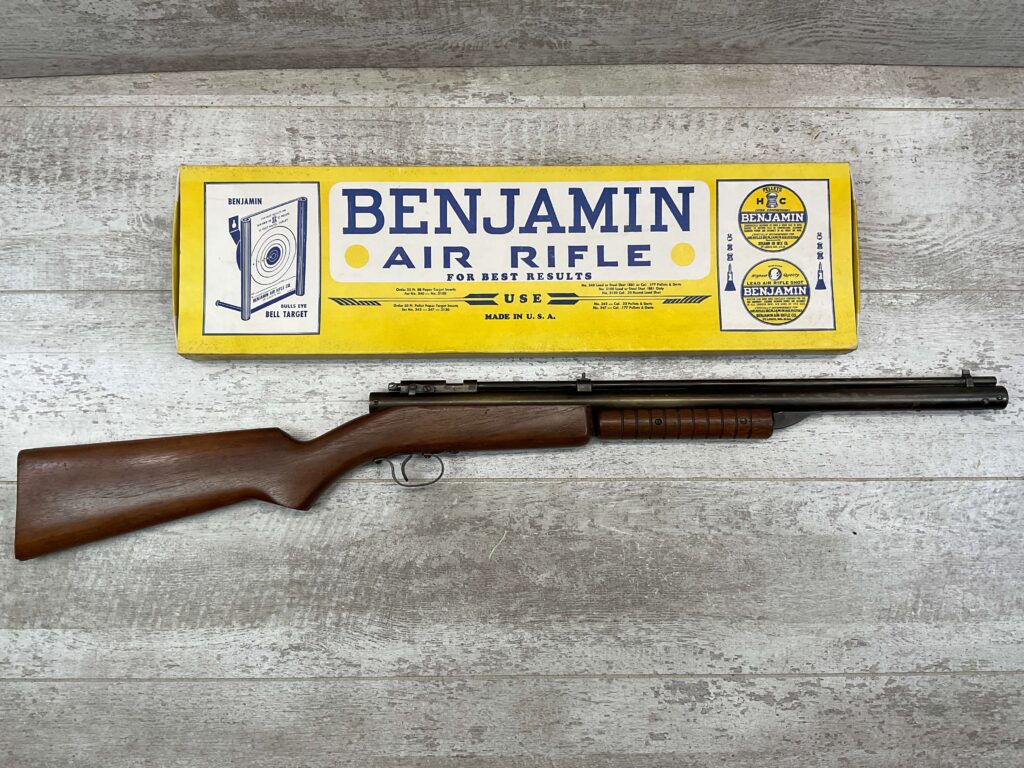 "BENJAMIN FRANKLIN" MODEL 312 .22 CAL PUMP ACTION AIR RIFLE W/ ORIGINAL BOX, VINTAGE, RARE #5-08569-BDH