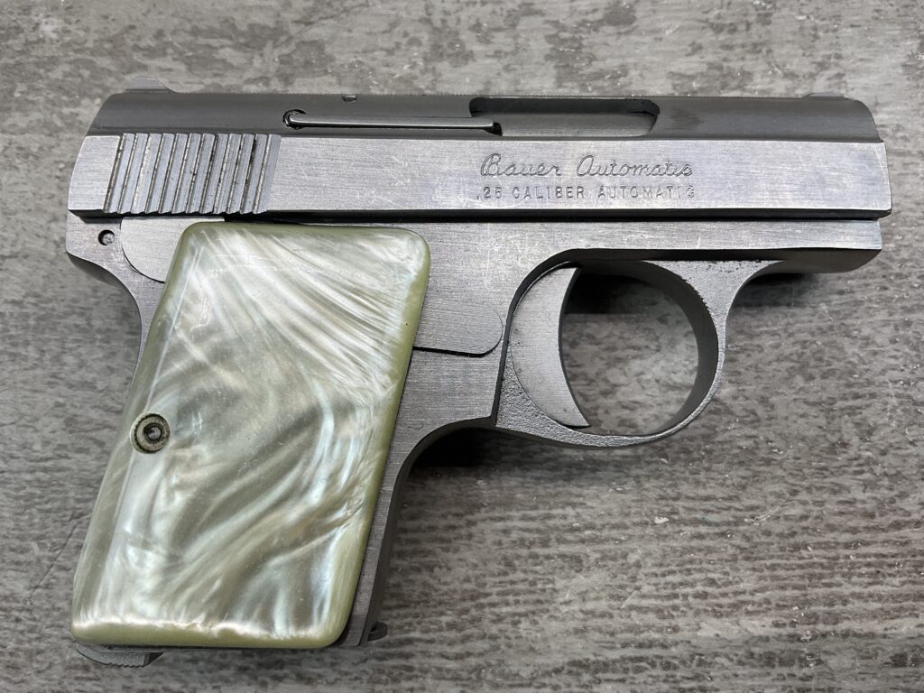 BAUER "BABY" .25 ACP STAINLESS SEMI AUTO POCKET PISTOL, BROWNING CLONE, C&R #5-08023-PF