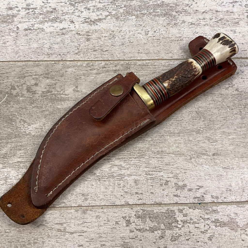 BLACKJACK INTERNATIONAL OBADIAH SKINNER STAG BONE HUNTING KNIFE W/ LEATHER SHEATH #5-08040-PF