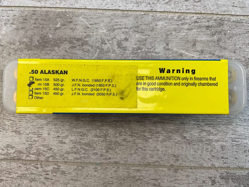 BUFFALO BORE .50 ALASKAN, 500 GR. RIFLE AMMO, UNOPENED BOX #5-11083
