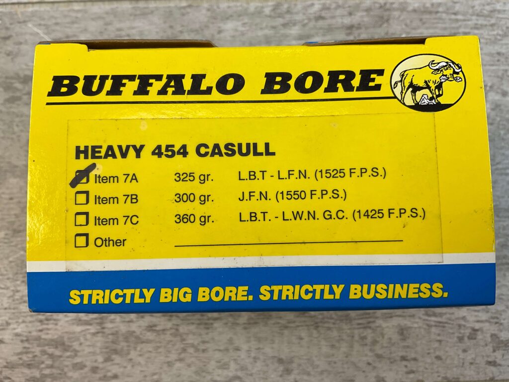 BUFFALO BORE HEAVY .454 CASULL, 325 GR. LBT-LFN AMMO, FULL BOX (QTY 20) #5-11087
