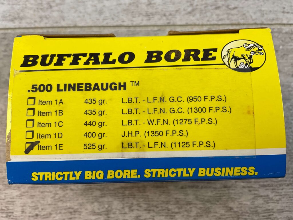 BUFFALO BORE .500 LINEBAUGH, 525 GR. LBT-LFN AMMO, FULL BOX (QTY 20) #5-11089