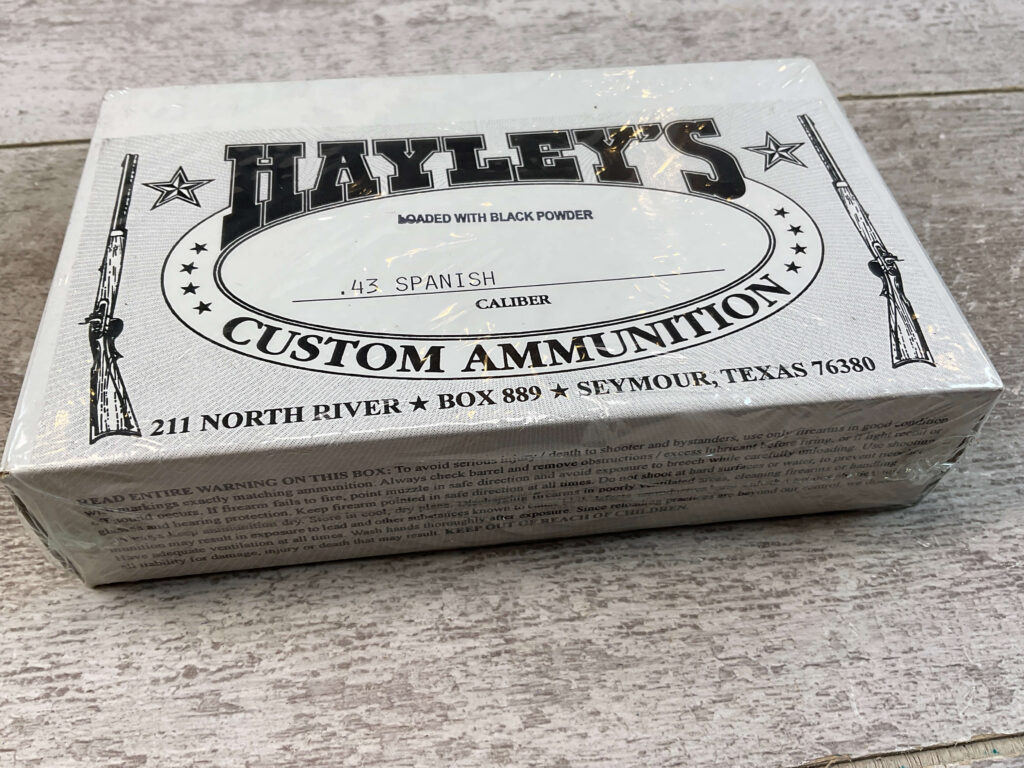 HAYLEY'S CUSTOM AMMUNITION .43 SPANISH, LOADED W/ BLACK POWDER AMMO, UNOPENED BOX (QTY 20) #5-11095
