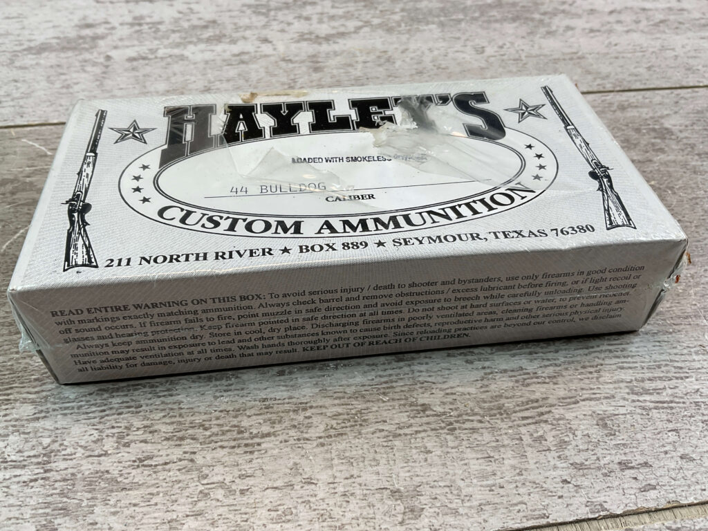 HAYLEY'S CUSTOM AMMUNITION .44 BULLDOG AMMO, UNOPENED BOX (QTY 20) #5-11099