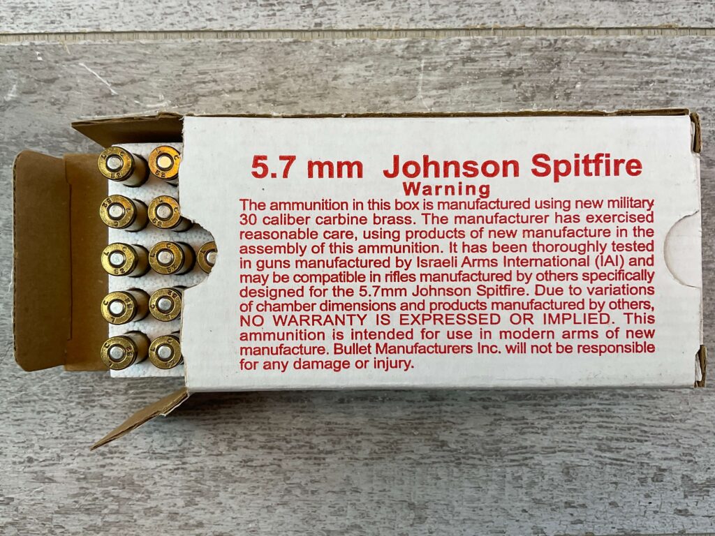 SQUARE AMMUNITIONS 5.7 JOHNSON SPITFIRE 40 GR. SP AMMO, NEW BOX (QTY 50) #5-11101