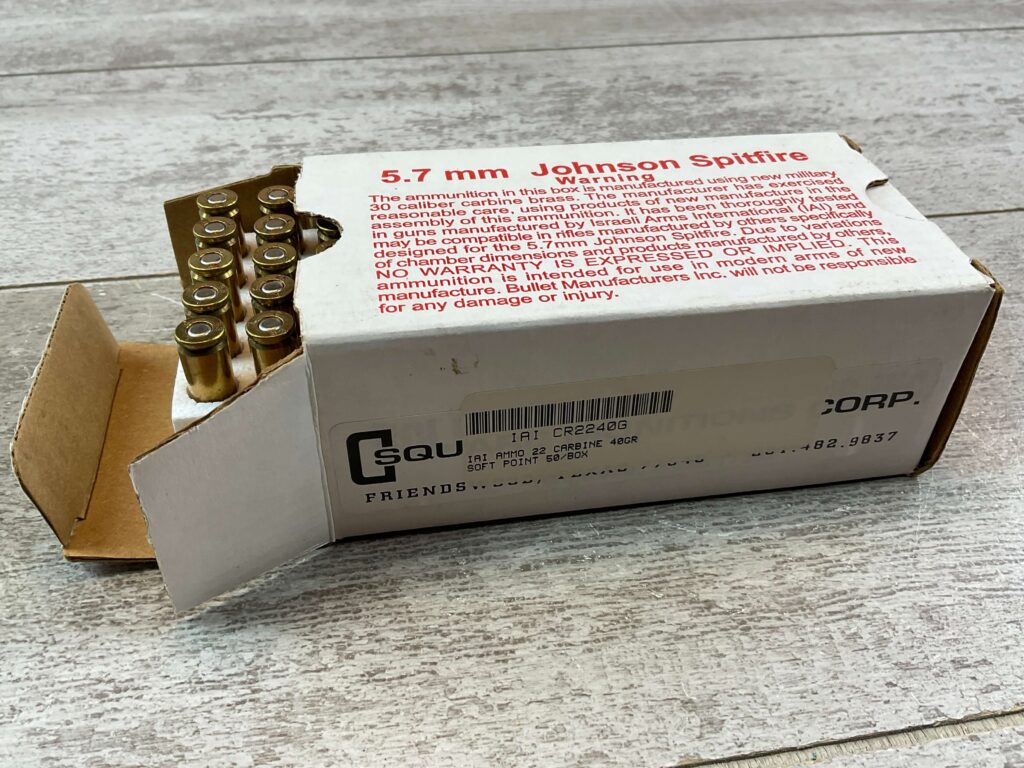 SQUARE AMMUNITIONS 5.7 JOHNSON SPITFIRE 40 GR. SP AMMO, NEW BOX (QTY 50) #5-11101