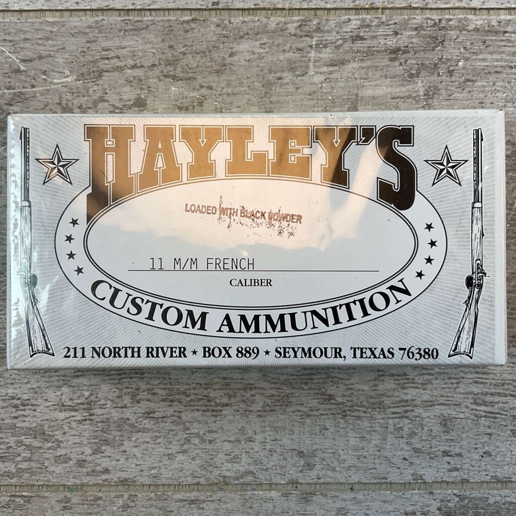 HAYLEY'S CUSTOM AMMUNITION 11MM FRENCH AMMO, LOADED W/ BLACK POWDER, UNOPENED BOX (QTY 20) #5-11105