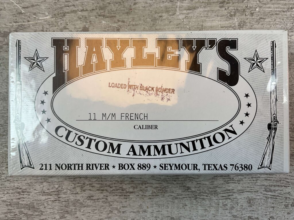 HAYLEY'S CUSTOM AMMUNITION 11MM FRENCH AMMO, LOADED W/ BLACK POWDER, UNOPENED BOX (QTY 20) #5-11105