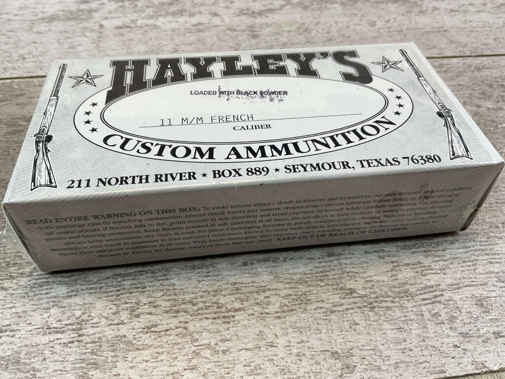 HAYLEY'S CUSTOM AMMUNITION 11MM FRENCH AMMO, LOADED W/ BLACK POWDER, UNOPENED BOX (QTY 20) #5-11105