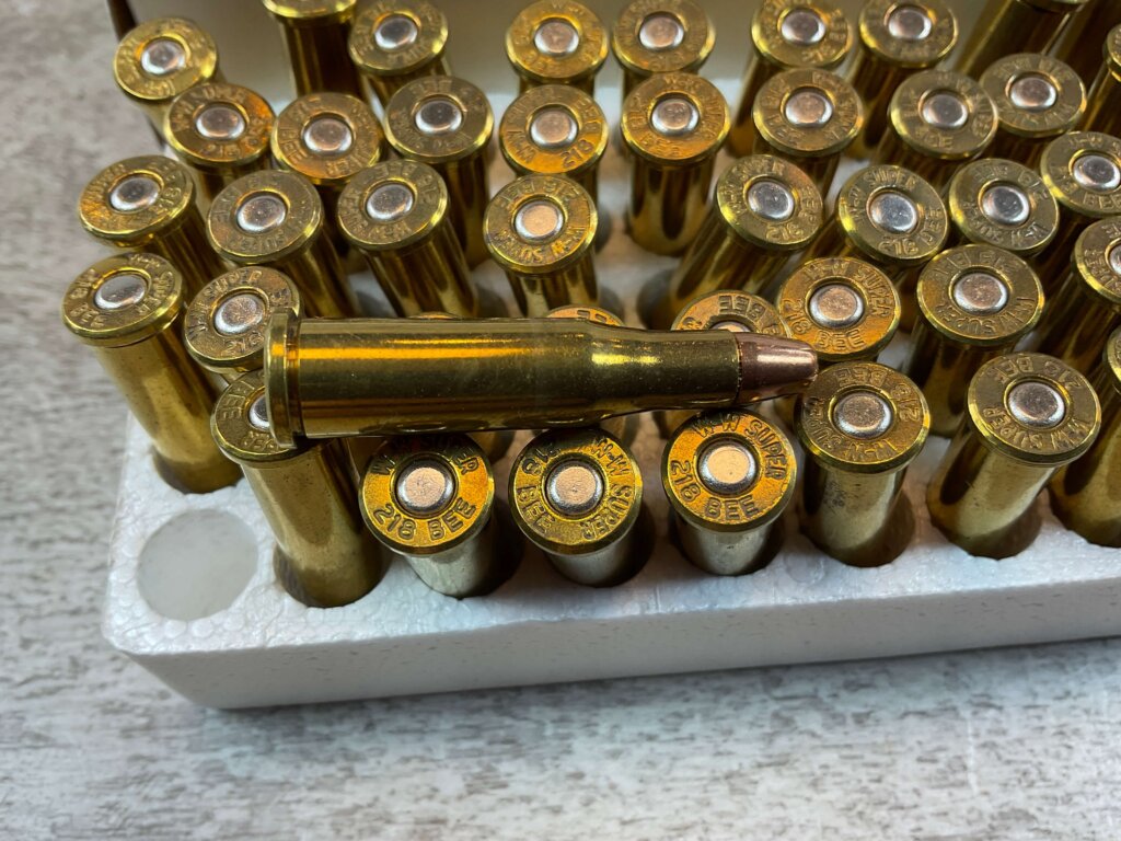 OBSOLETE AMMUNITION BOX, (WINCHESTER) 218 BEE, 46 GR. HP AMMO, FULL BOX (QTY 50) #5-11120